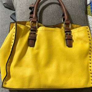 Yellow Leather Satchel Tote with Brown Handles
